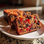 Close-up of moist fruit cake recipe slices packed with colorful dried cherries and raisins on a white plate.