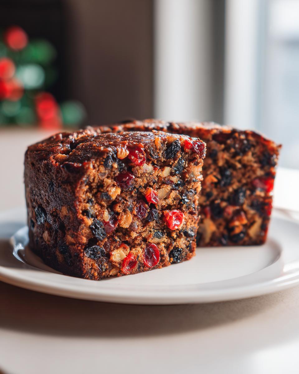Two thick slices of moist fruit cake recipe, packed with dried cherries and nuts, served on a white plate.