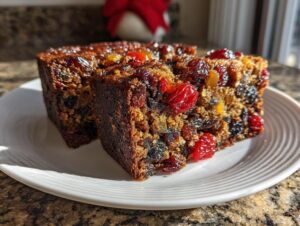 Two thick slices of moist fruit cake recipe, packed with dark and bright red candied fruits, sitting on a white plate.