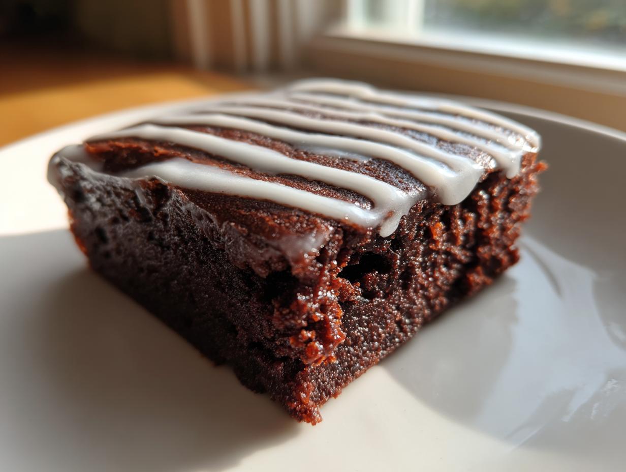 Close-up of a rich, dark gingerbread brownie square topped with a drizzle of white vanilla icing.