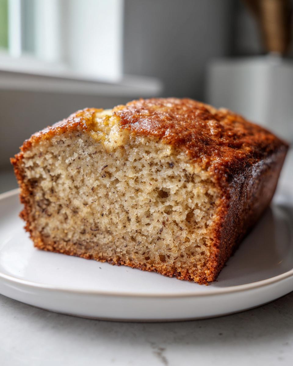 A close-up of a moist slice of greek yogurt banana bread with a golden-brown crust on a white plate.