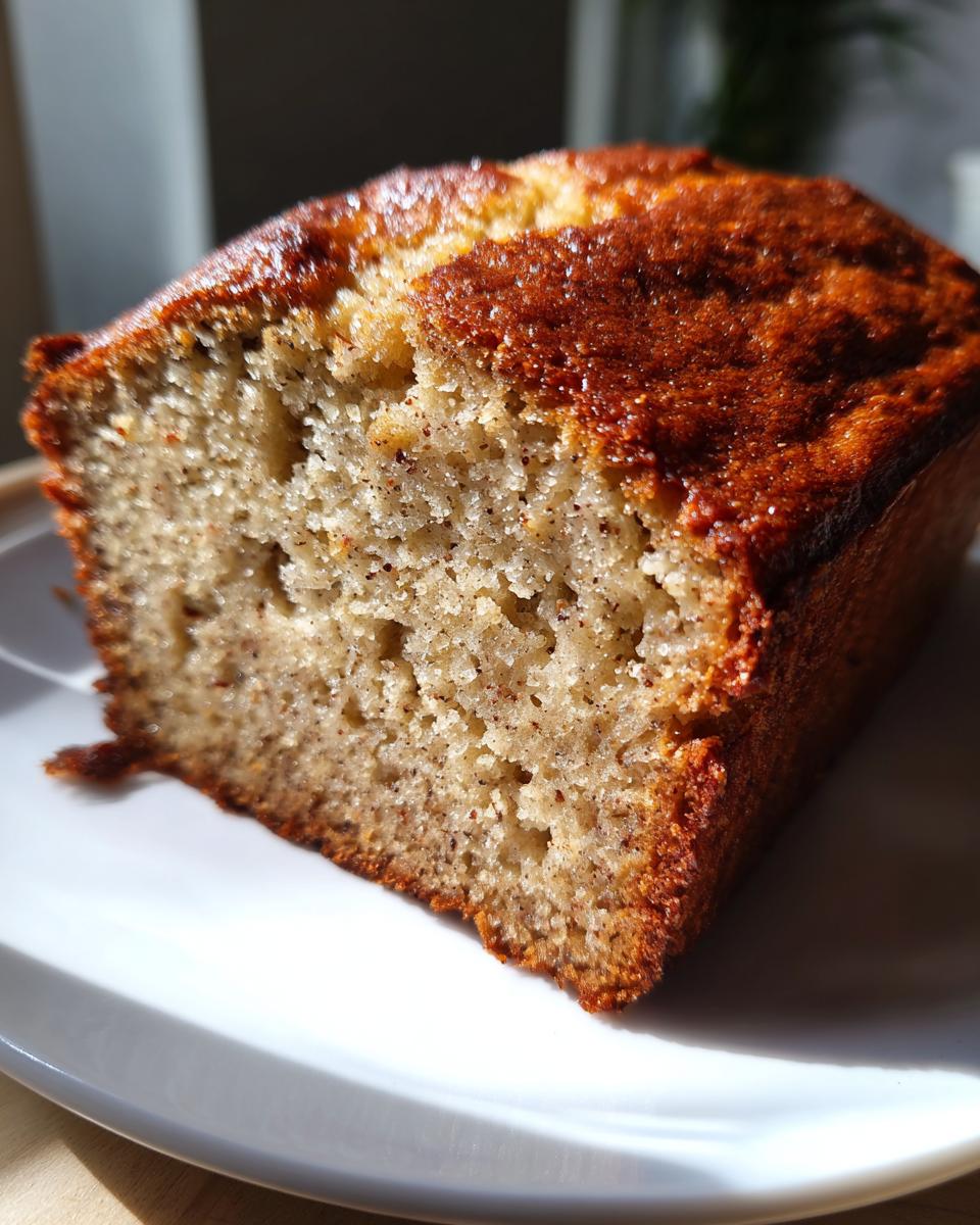Close-up of a moist slice of greek yogurt banana bread showing its tender crumb and golden-brown crust.