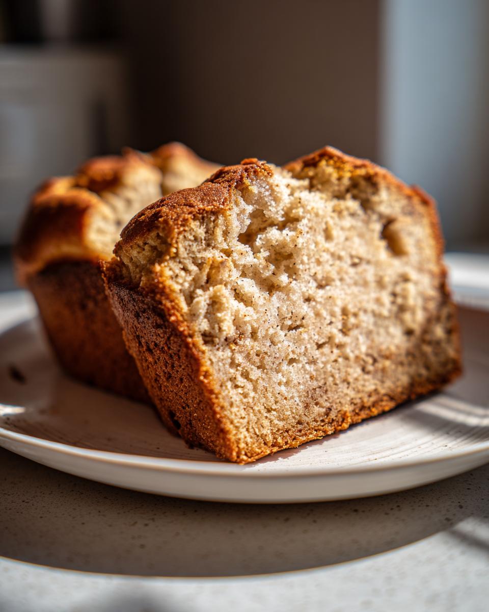 Close-up of a thick slice of moist greek yogurt banana bread showing its soft, speckled crumb.
