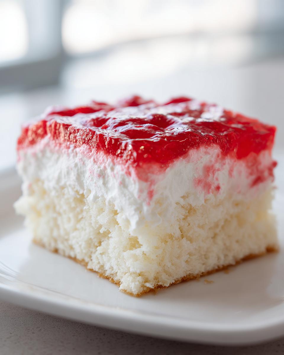 A close-up of a moist slice of jello poke cake with white frosting and bright red strawberry jello topping.