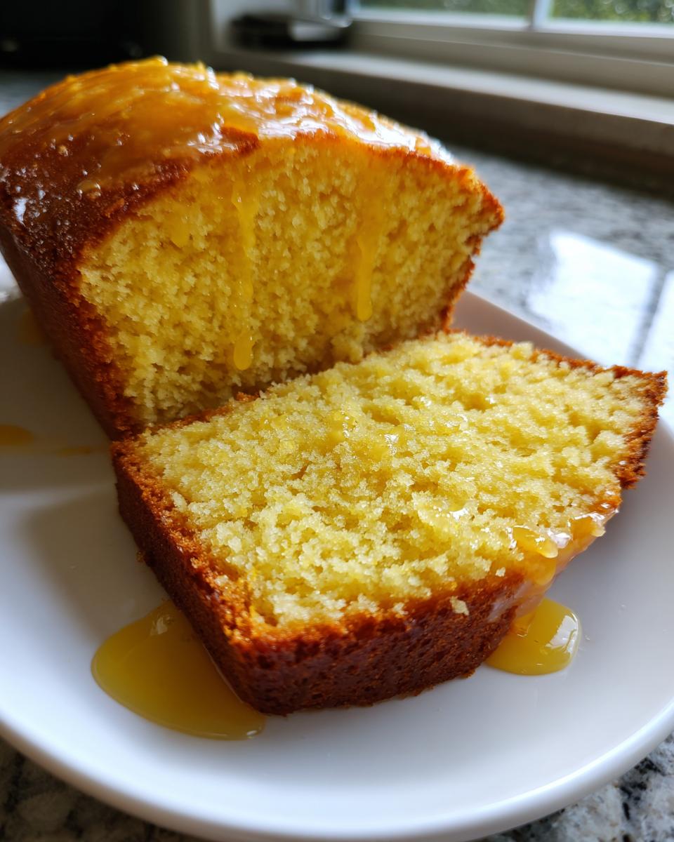 A close-up of a slice cut from a loaf of moist orange juice cake, heavily drizzled with orange glaze.