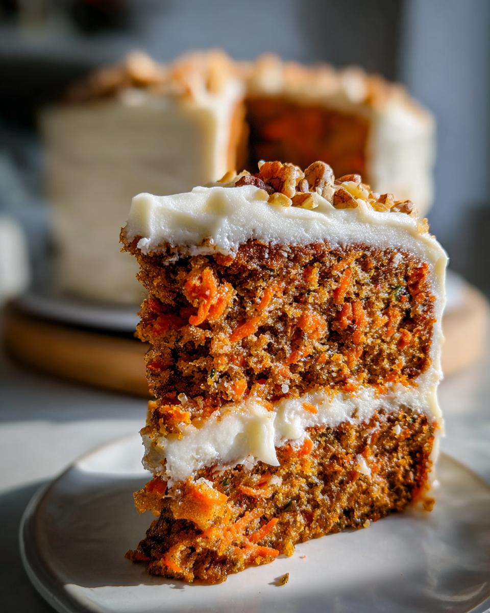 Close-up of a moist slice of carrot cake recipe showing visible shredded carrots and cream cheese frosting, topped with walnuts.