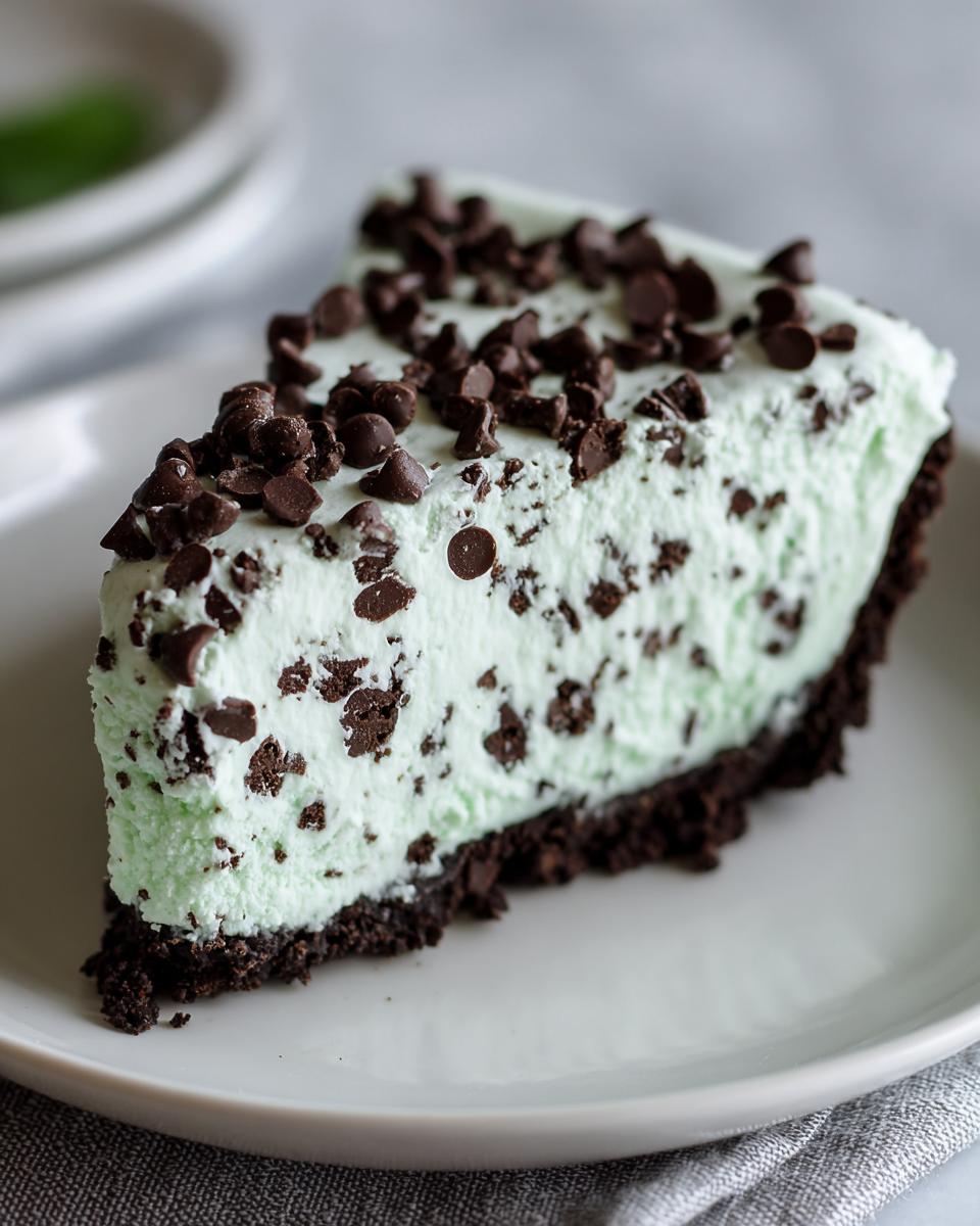 A perfect slice of light green, creamy grasshopper pie topped generously with mini chocolate chips.