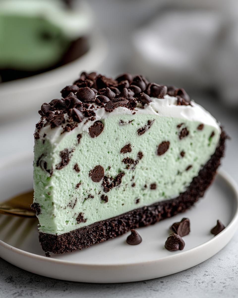 A close-up slice of mint green grasshopper pie with a chocolate crust, topped with whipped cream and mini chocolate chips.