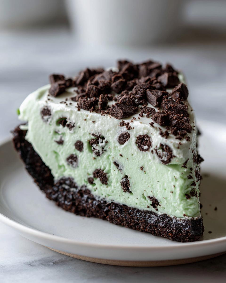 A close-up of a thick slice of mint green grasshopper pie with a dark chocolate crust, topped with whipped cream and chocolate cookie crumbles.