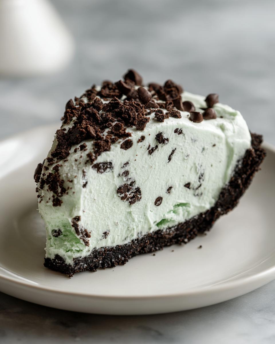 A close-up of a slice of creamy, mint-green grasshopper pie with a dark chocolate crust and topped with chocolate crumbs.