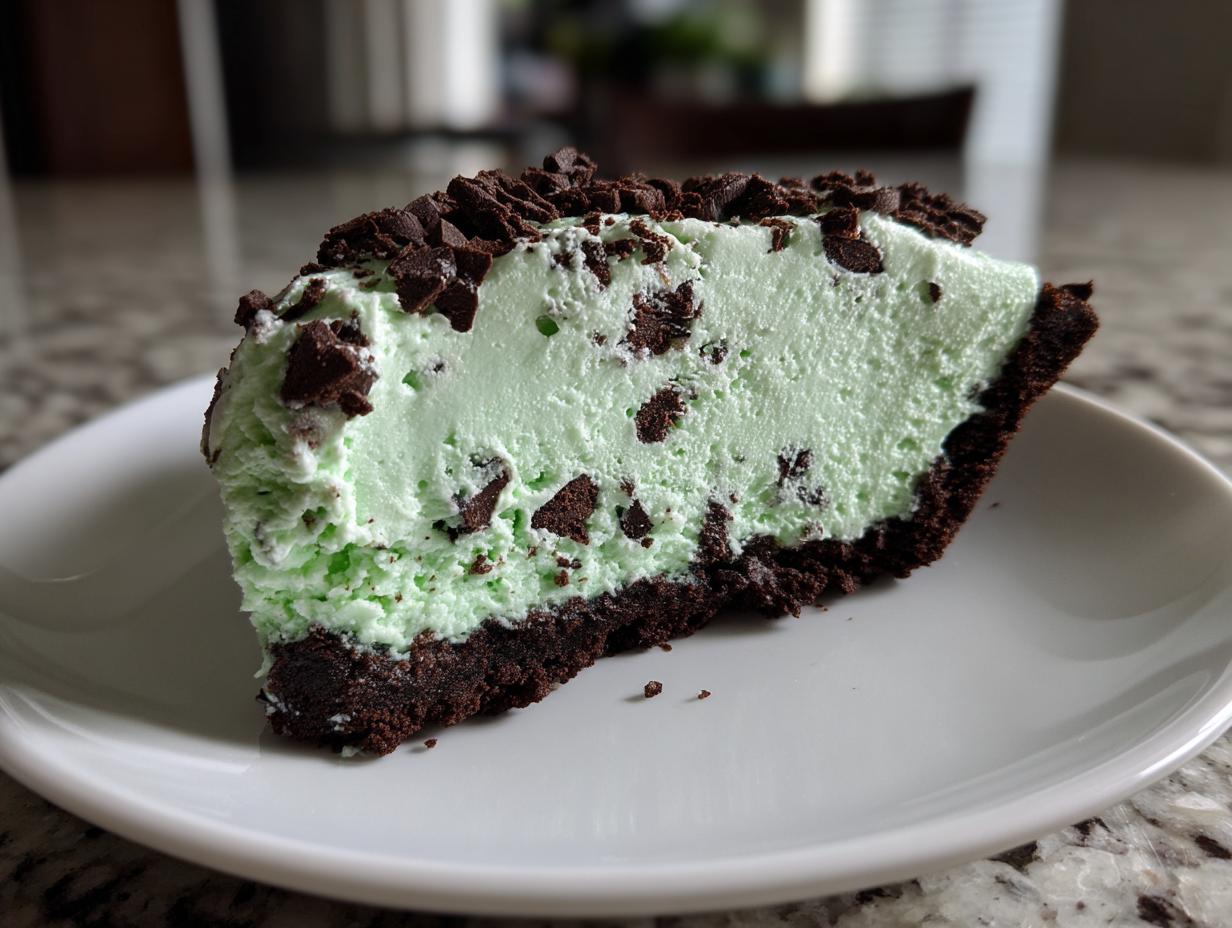 A close-up of a slice of no-bake grasshopper pie featuring mint green filling with chocolate chips on a white plate.