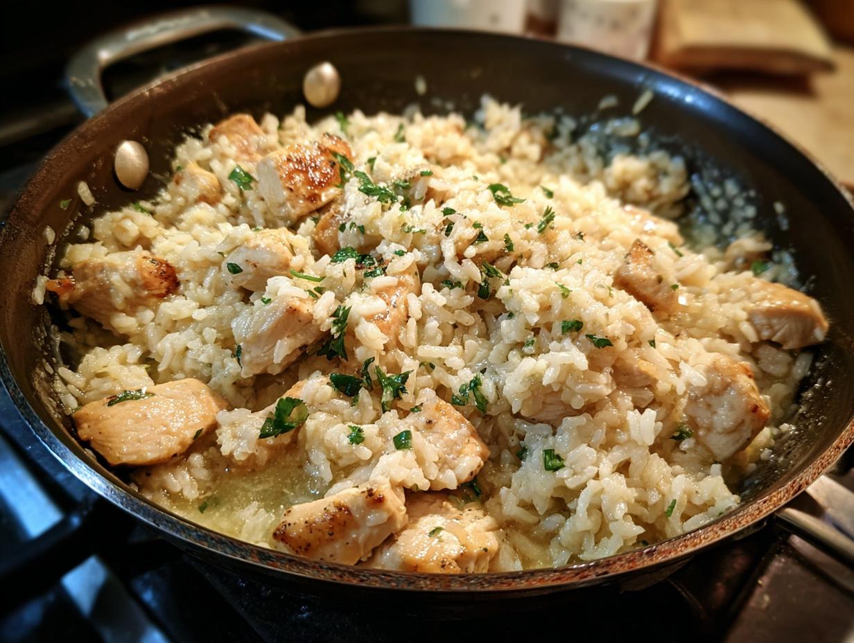 Close-up of savory one pot chicken and rice cooked and served directly in a dark skillet, garnished with parsley.