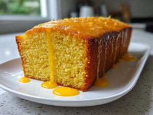 A loaf of moist orange juice cake with a thick, bright orange glaze dripping down the sides onto a white platter.