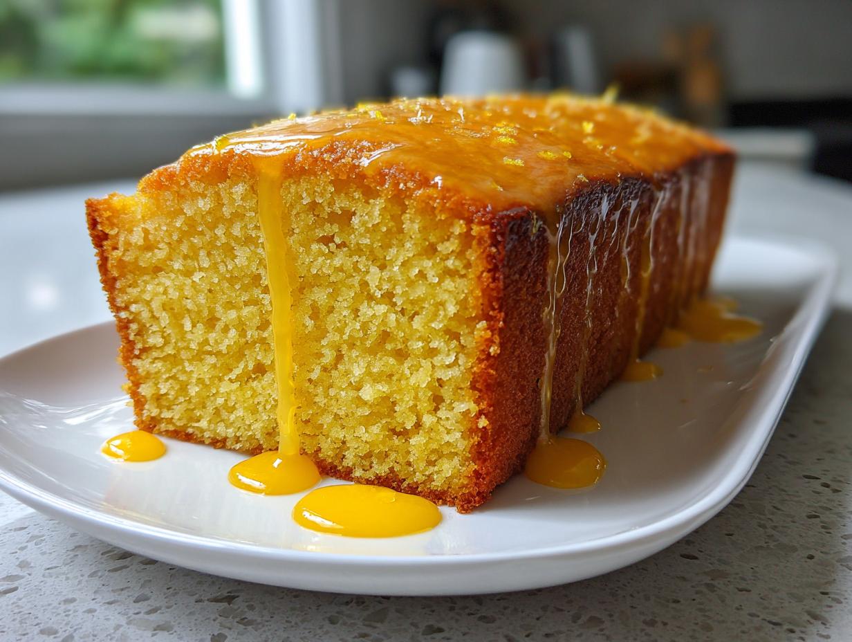 A loaf of moist orange juice cake with a thick, bright orange glaze dripping down the sides onto a white platter.