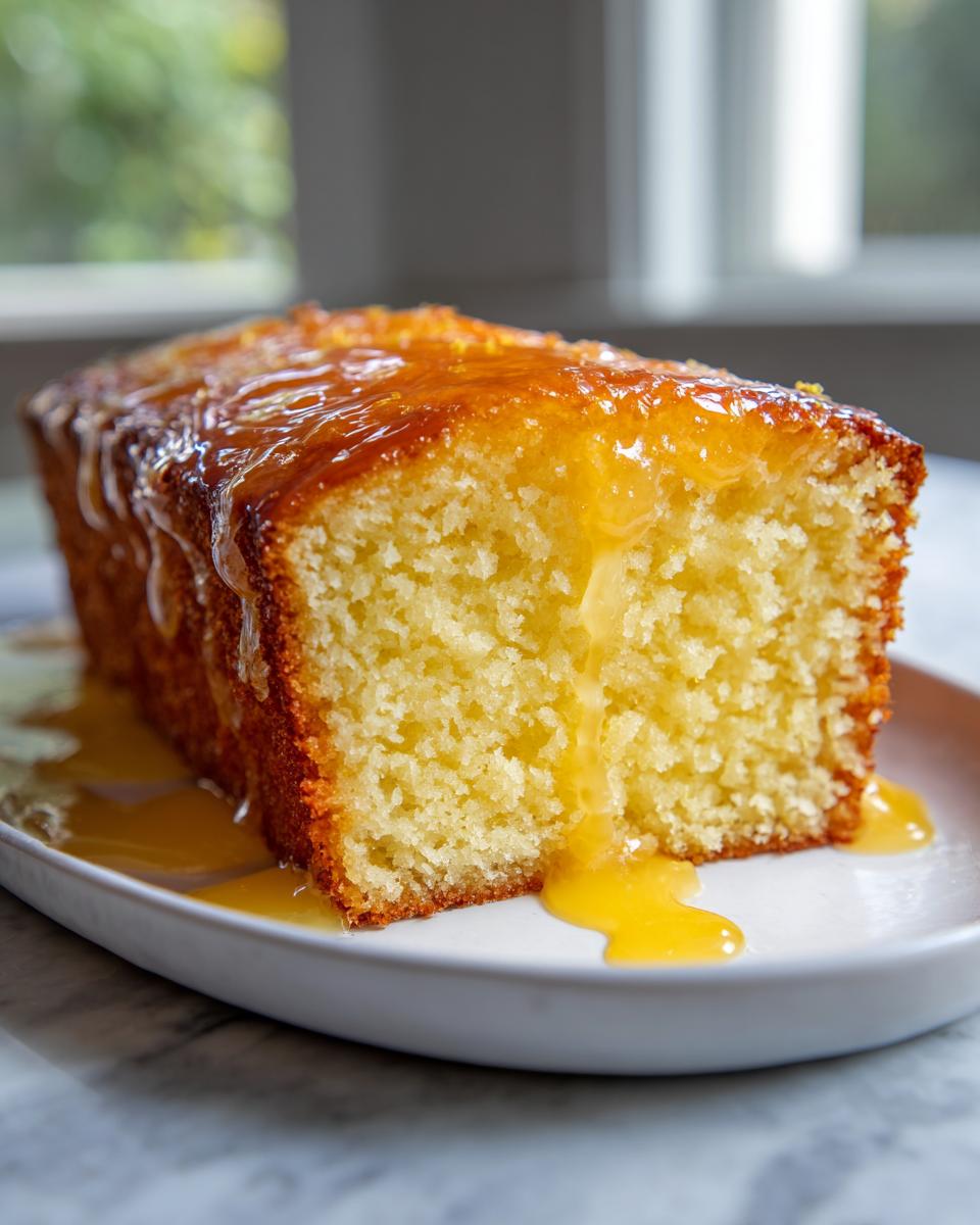 A close-up of a slice of moist orange juice cake topped with a thick, dripping citrus glaze.