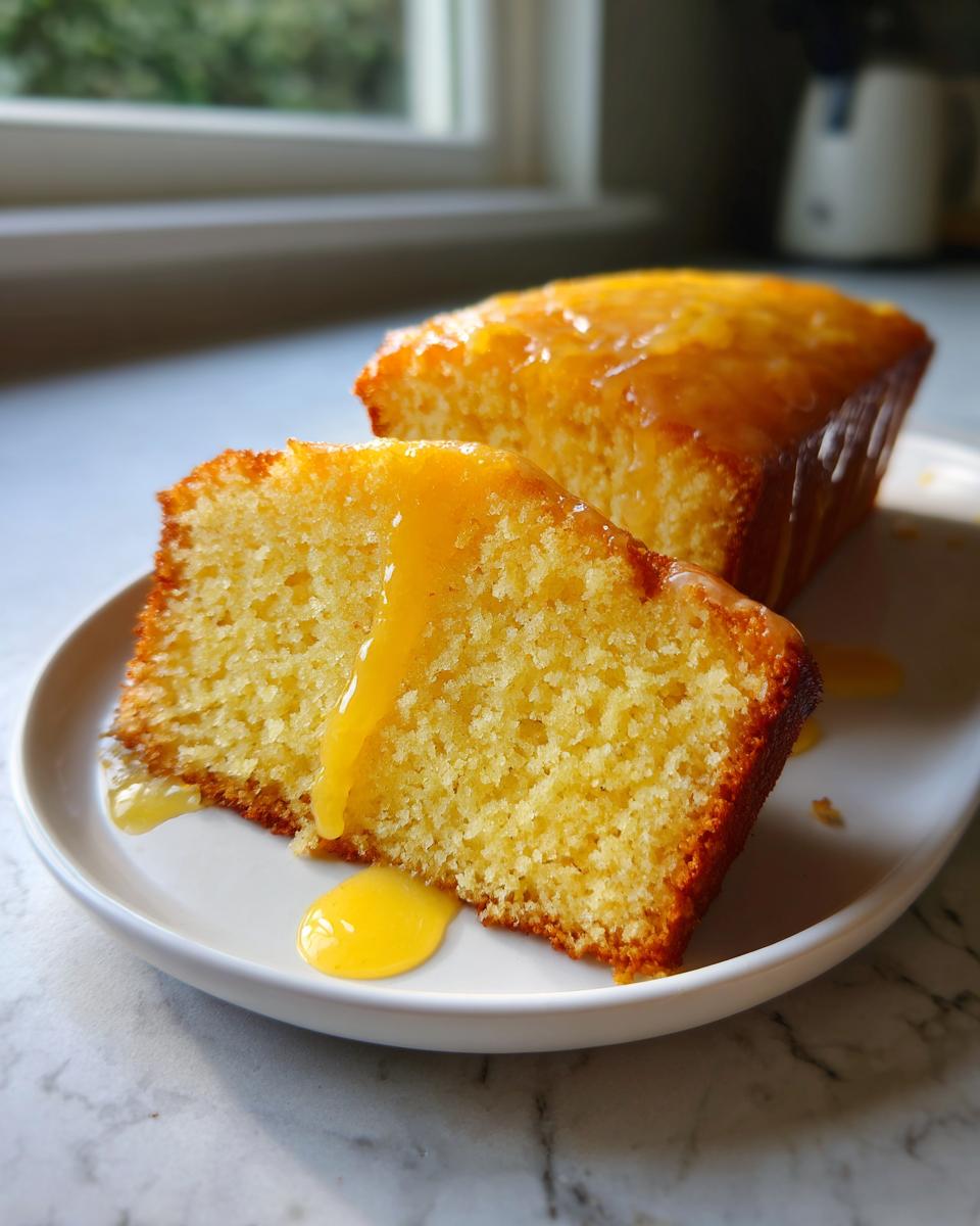 Close-up of a moist slice of orange juice cake with a thick, bright orange glaze dripping onto a white plate.