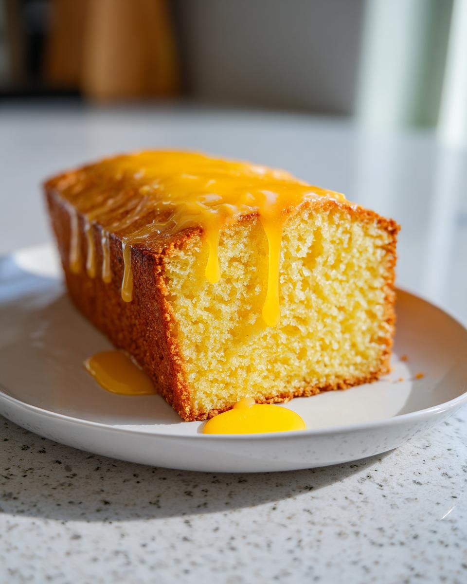 A slice of bright yellow orange juice cake topped with a thick, dripping orange glaze, sitting on a white plate.