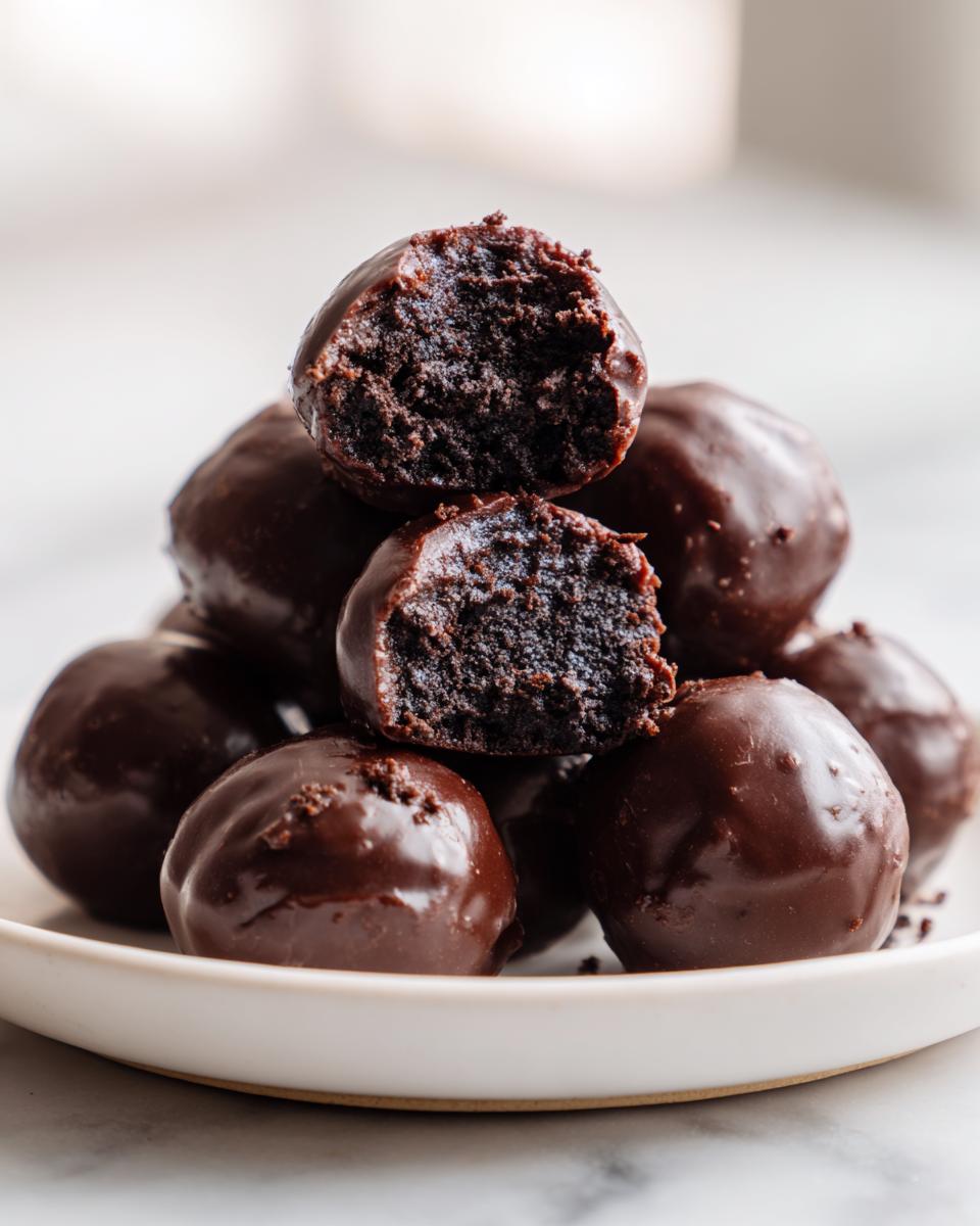 A stack of rich, chocolate-coated Oreo balls, with two cut open revealing the dark, dense interior.