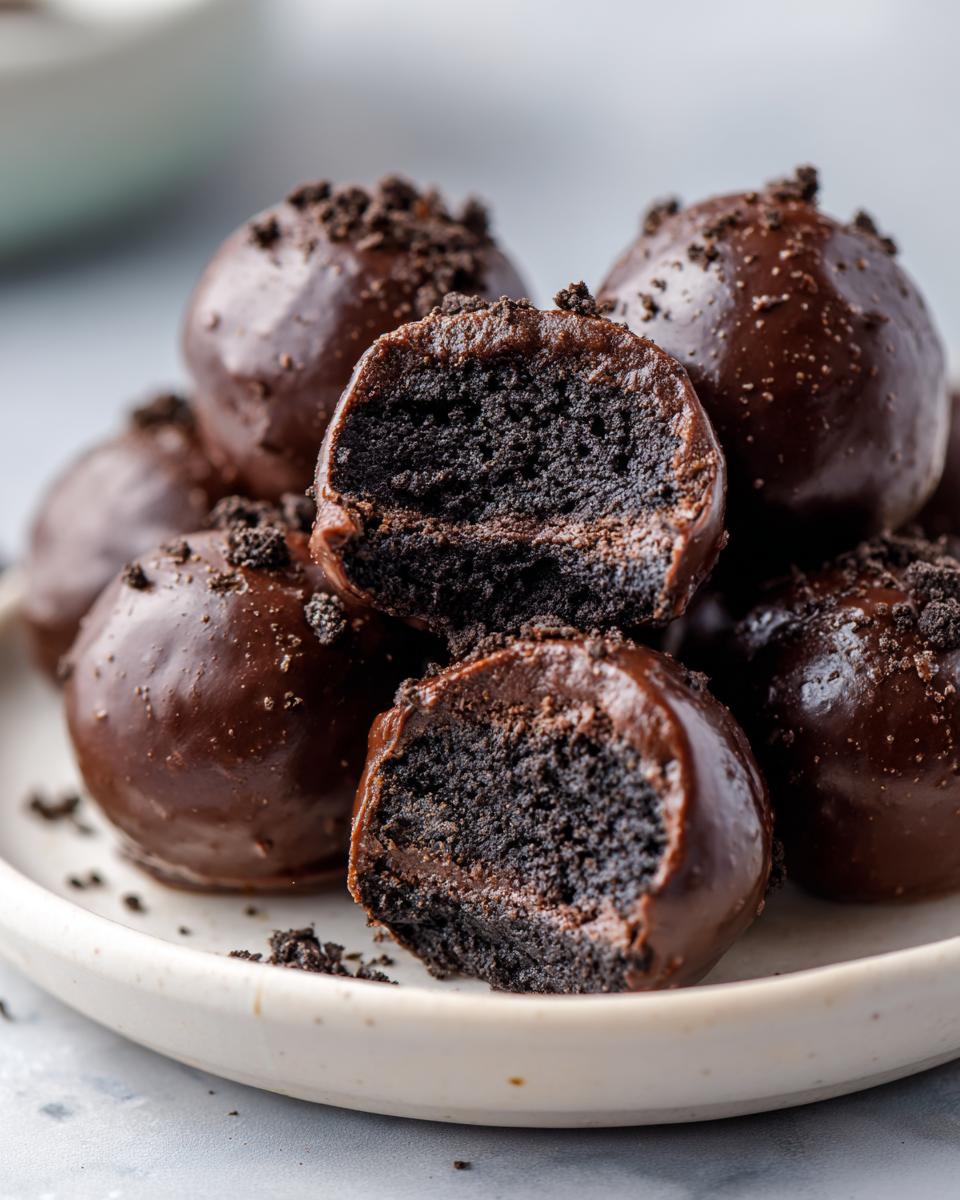 Close-up of chocolate-dipped Oreo balls, one cut in half showing the dense, dark cookie interior.