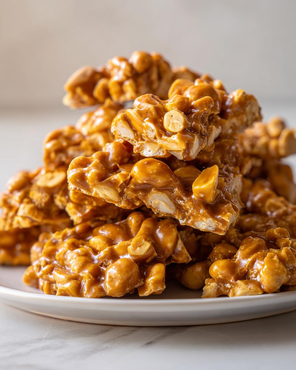 Close-up of broken pieces of golden peanut brittle recipe stacked high on a white plate.