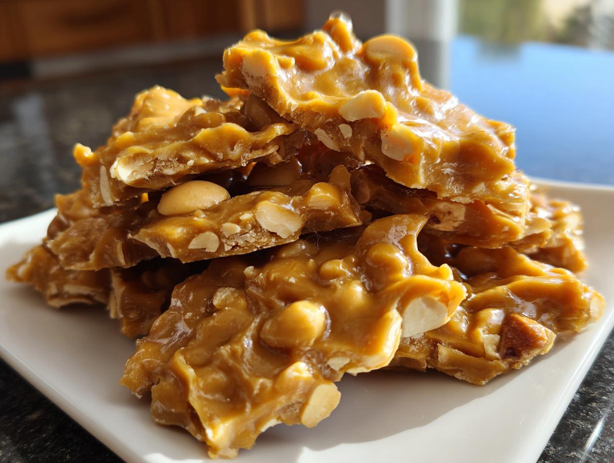 Close-up of broken pieces of golden brown peanut brittle recipe stacked on a white plate.