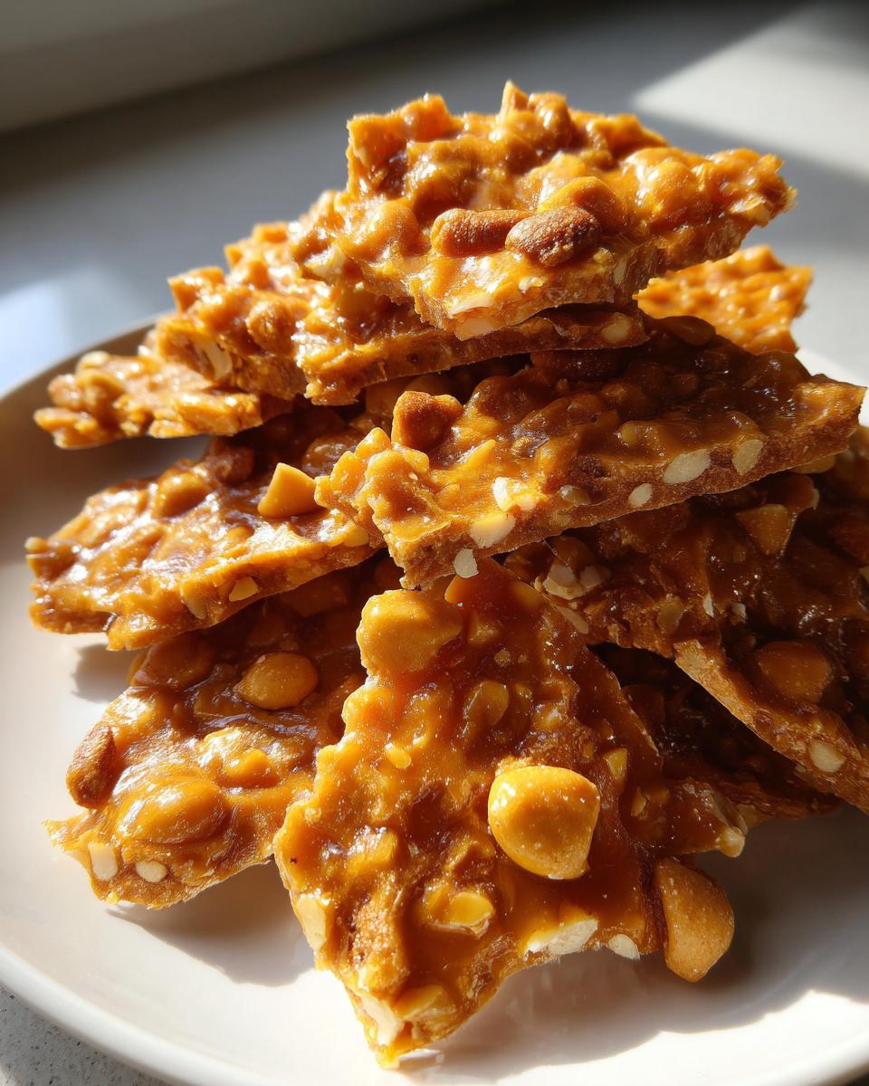 A stack of shiny, golden-brown pieces of homemade peanut brittle recipe resting on a white plate.