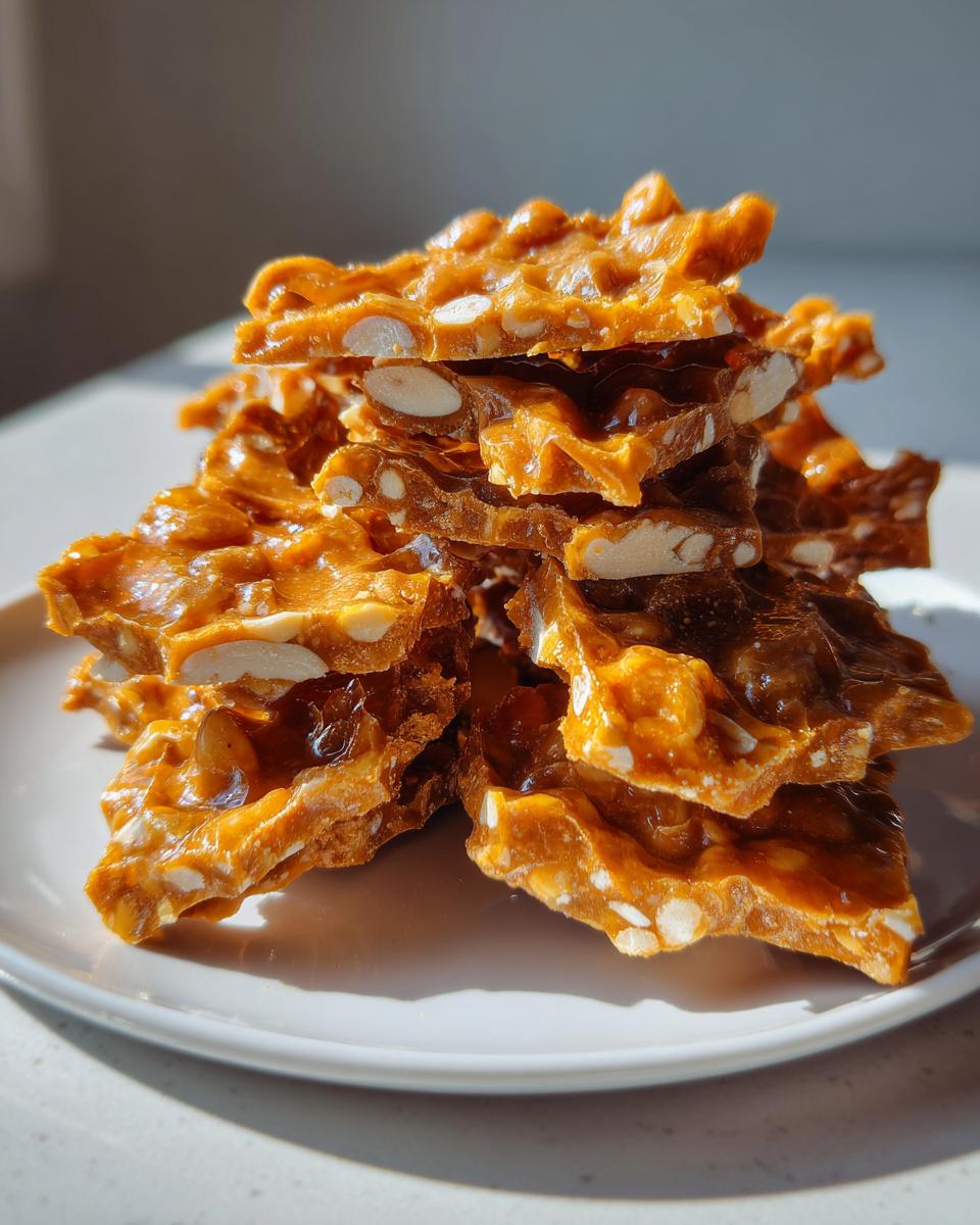 A stack of golden brown, glossy pieces of homemade peanut brittle recipe on a white plate.