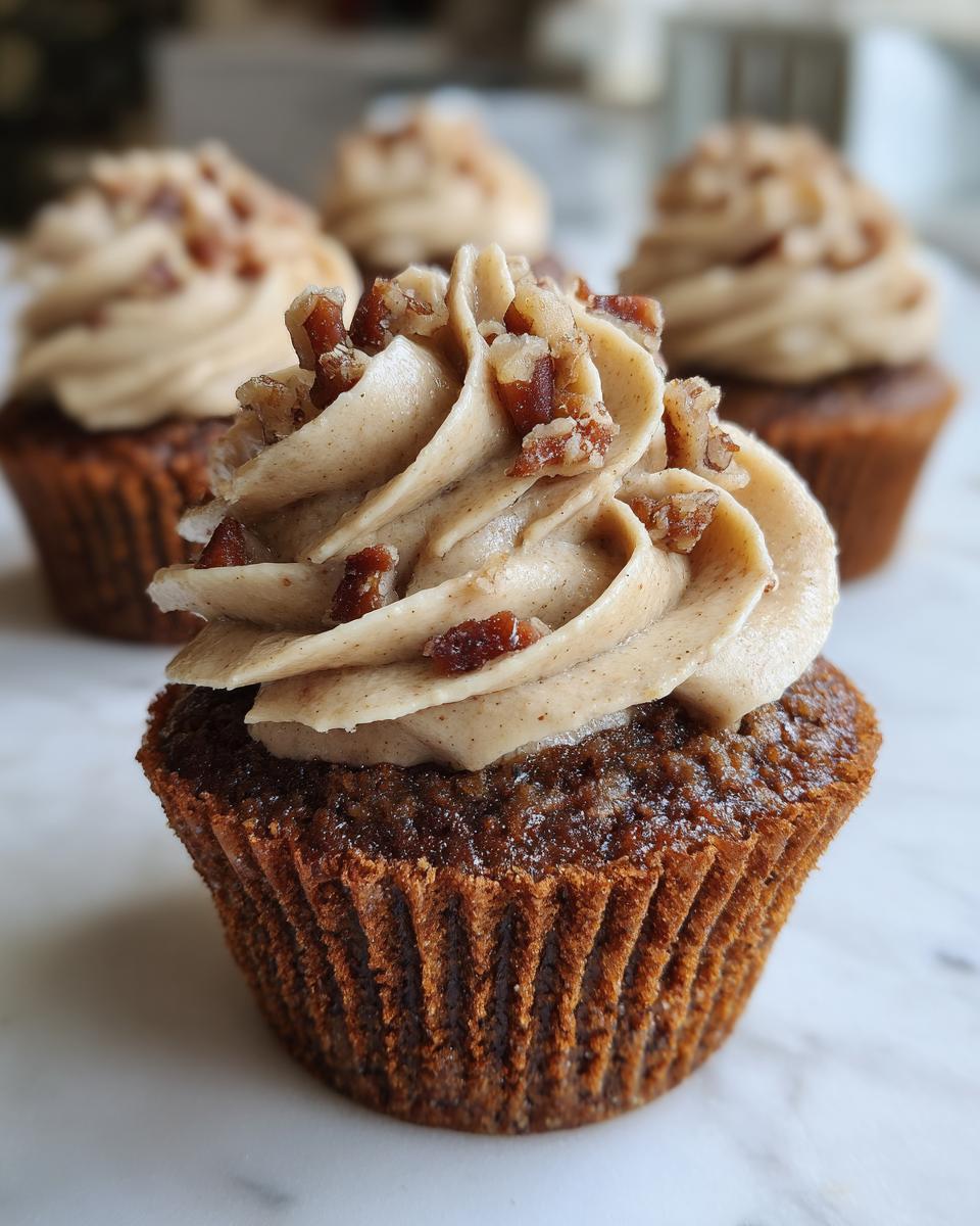 A close-up of a rich, dark pecan pie cupcake topped with a generous swirl of spiced frosting and chopped pecans.