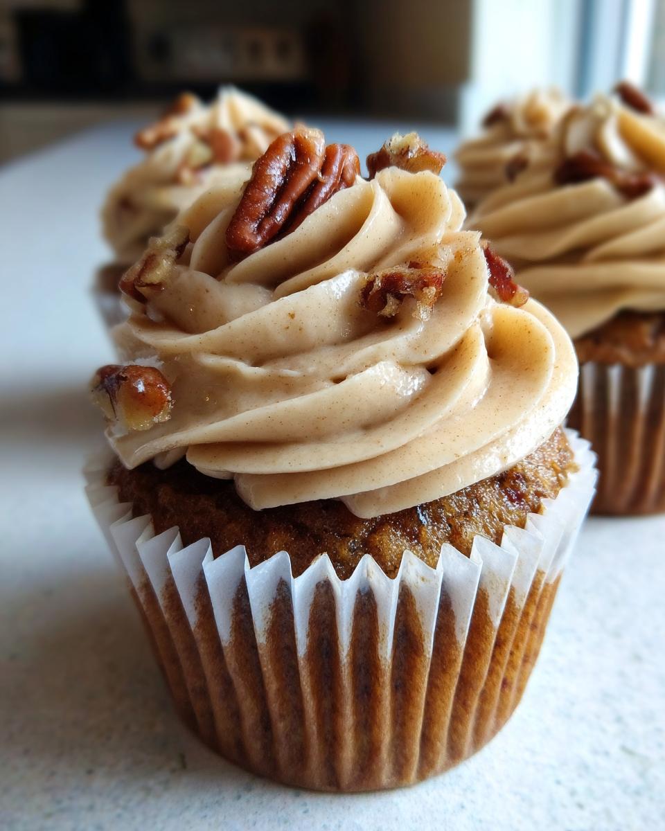 A close-up of a freshly baked pecan pie cupcake topped with swirled, spiced frosting and chopped pecans.