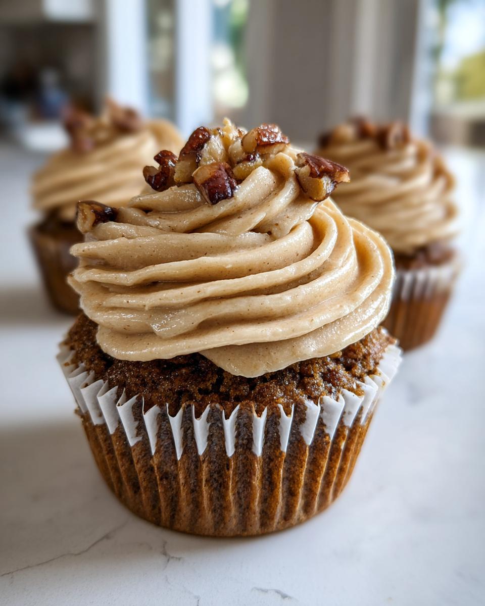 A close-up of one of the delicious pecan pie cupcakes, topped with swirled brown frosting and chopped pecans.
