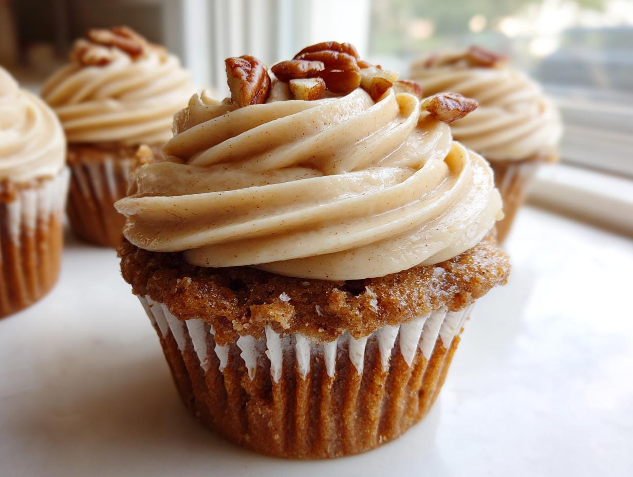 A close-up of a perfectly frosted pecan pie cupcake topped with chopped pecans, with more pecan pie cupcakes blurred in the background.