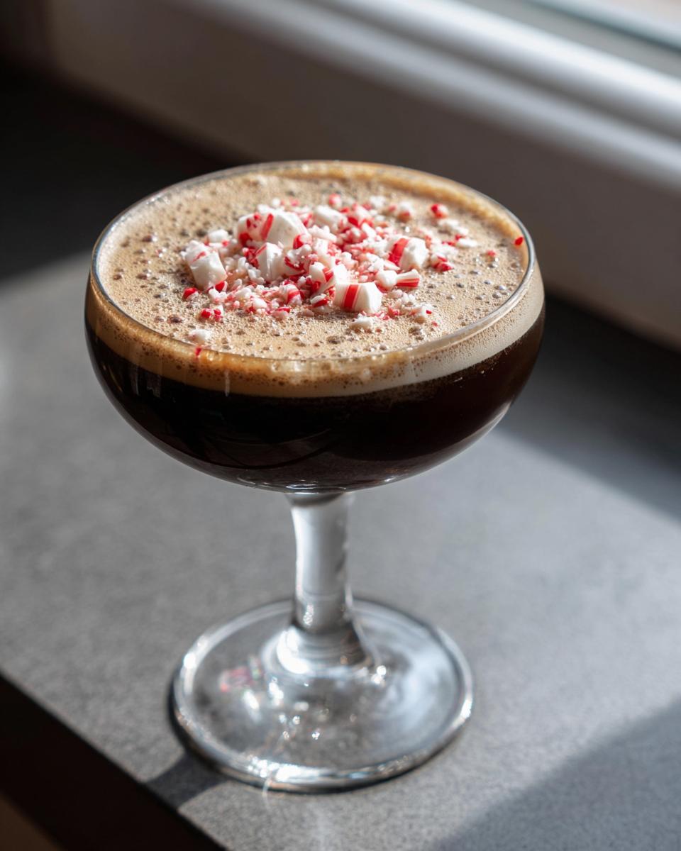 A rich peppermint espresso martini in a coupe glass, topped with crushed red and white candy canes.