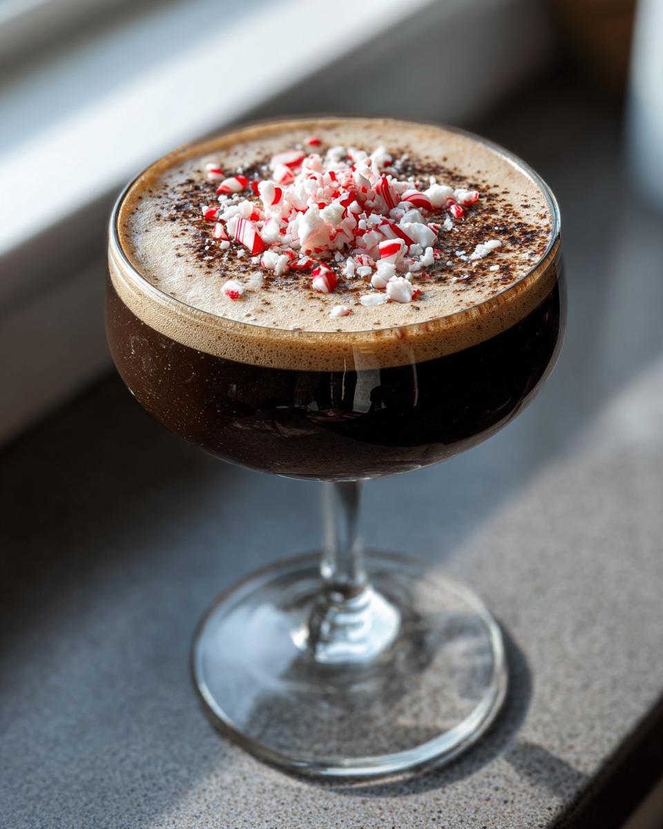 A dark peppermint espresso martini in a coupe glass, topped with crushed candy canes and cocoa powder.