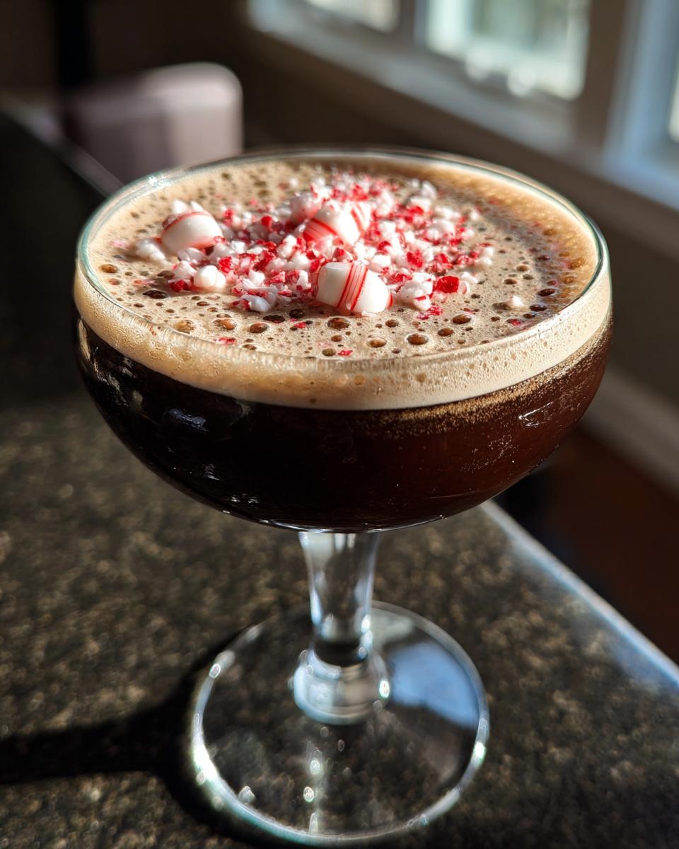 A dark peppermint espresso martini topped with foam and crushed candy canes.
