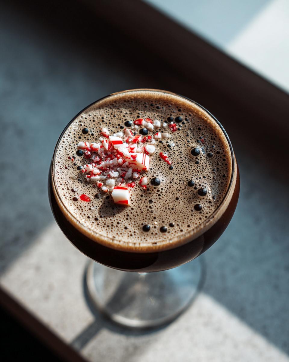 Overhead view of a rich peppermint espresso martini topped with crushed red and white candy canes.