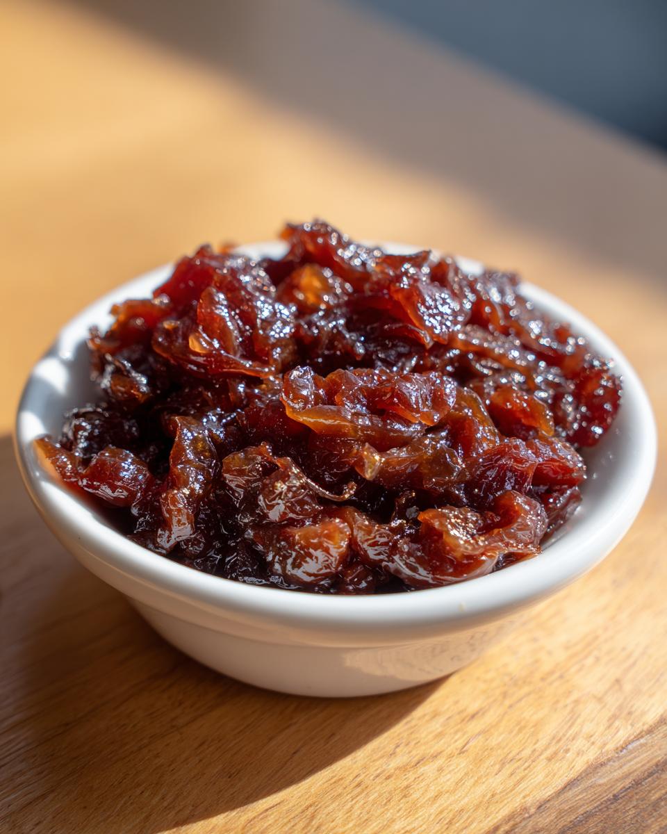 Close-up of rich, dark brown caramelized onions served in a small white bowl on a wooden surface.