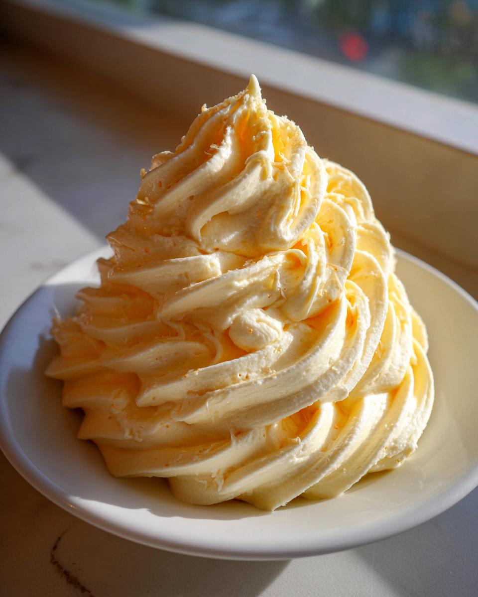 A beautiful swirl of pale yellow honey butter recipe mixture piped high on a small white plate.