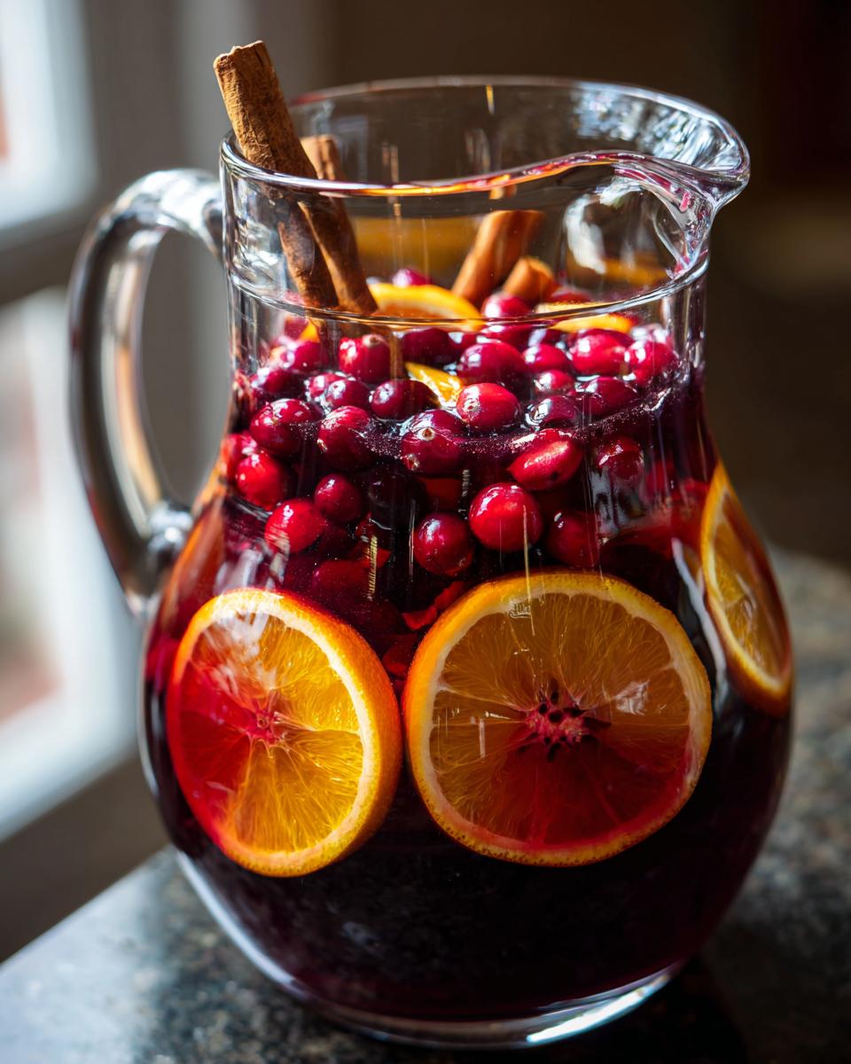 A clear glass pitcher filled with rich red holiday sangria, garnished with floating cranberries, orange slices, and cinnamon sticks.