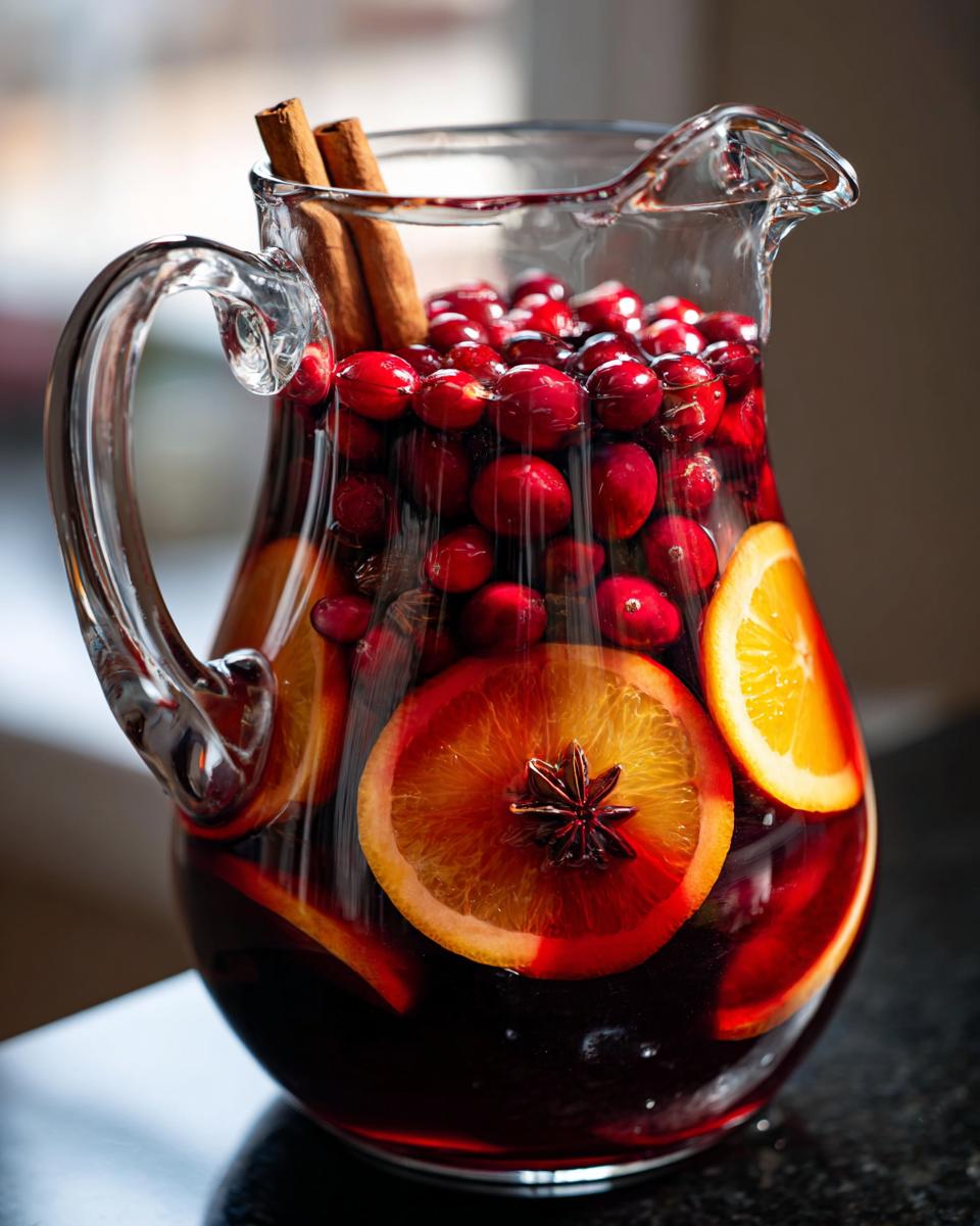 Close-up of a glass pitcher filled with rich red holiday sangria, garnished with fresh cranberries, orange slices, and cinnamon sticks.