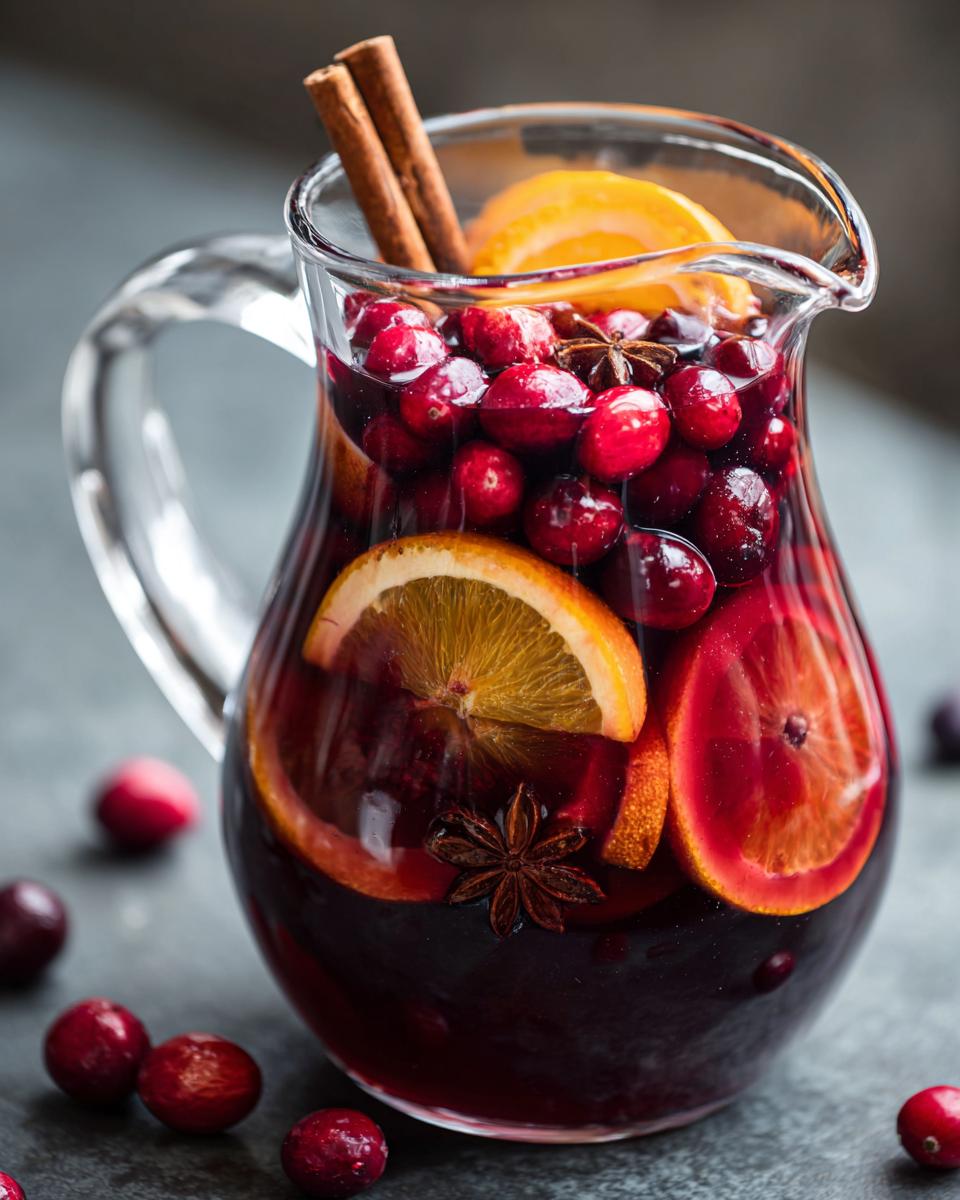 A glass pitcher filled with deep red holiday sangria, garnished with fresh cranberries, orange slices, cinnamon sticks, and star anise.