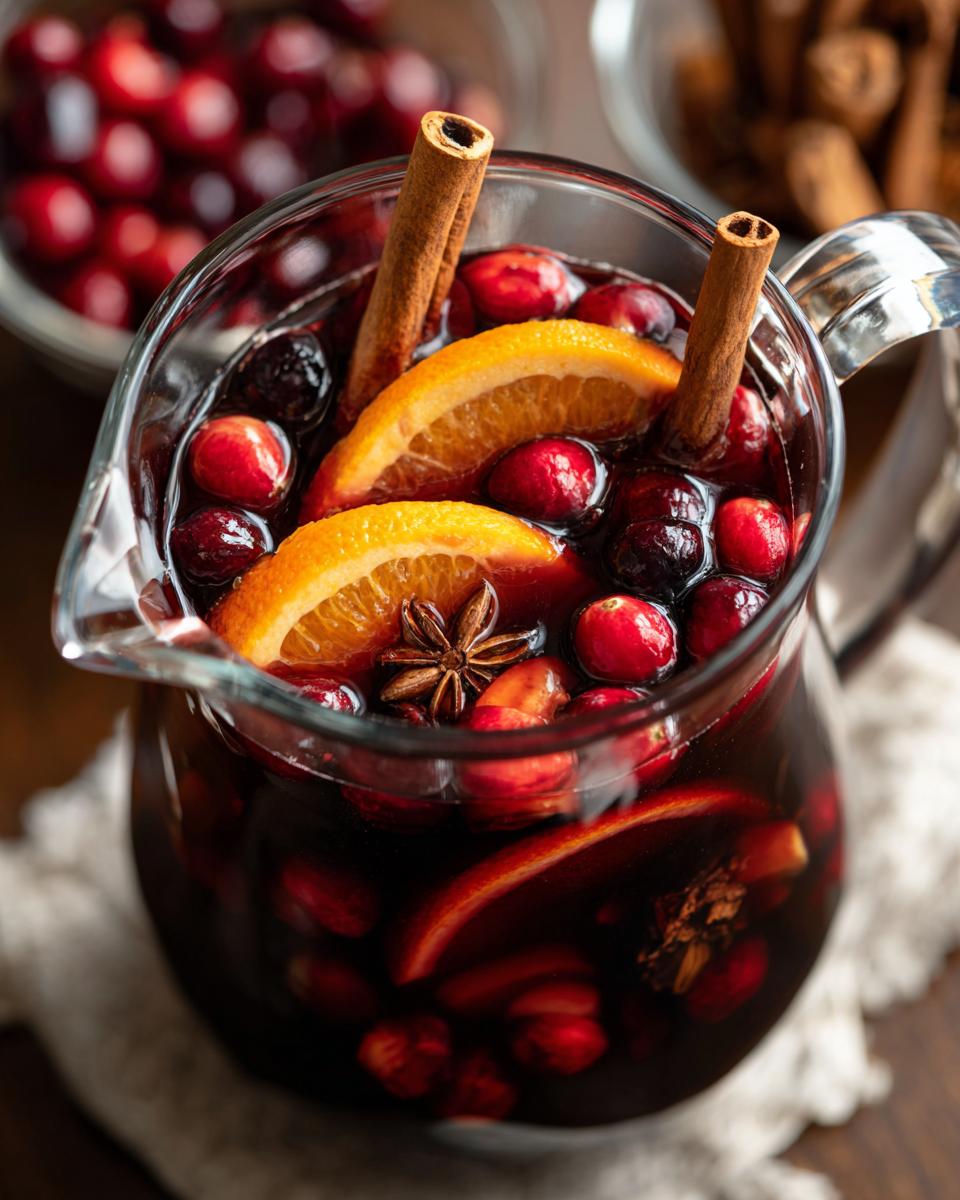 Close-up of a glass pitcher filled with deep red holiday sangria, garnished with orange slices, fresh cranberries, cinnamon sticks, and star anise.