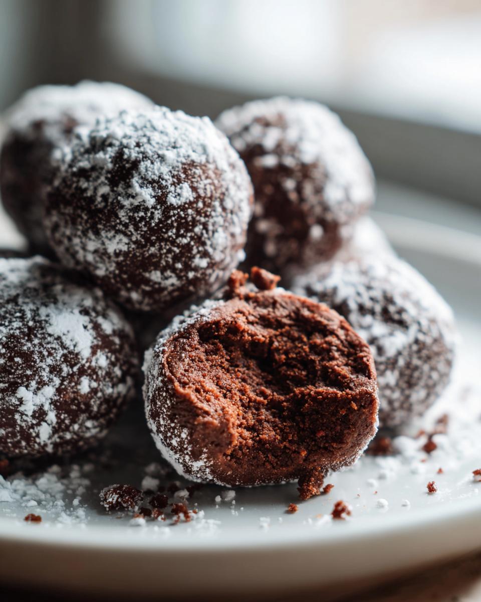 Close-up of rich chocolate bourbon balls dusted with powdered sugar, one is bitten to show the dense interior.