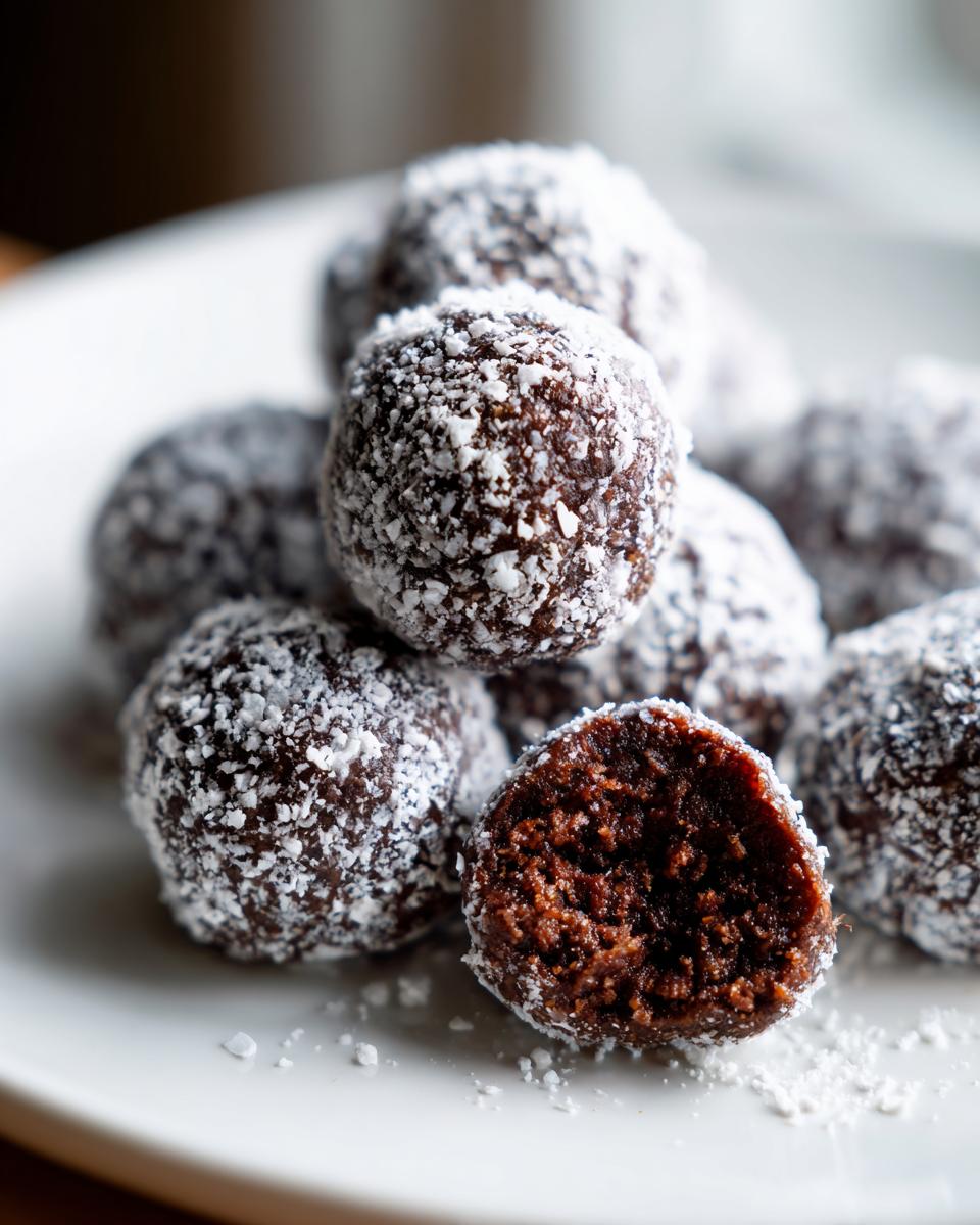 A pile of rich, dark chocolate bourbon balls coated in white powdered sugar, with one cut open showing the dense interior.