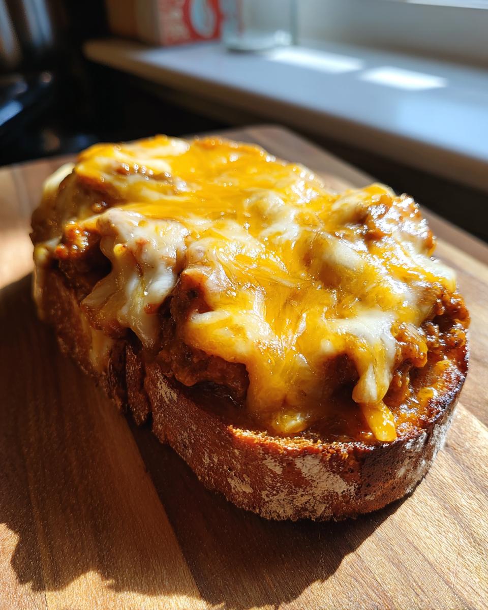 A close-up of a slice of toasted bread topped with a savory, saucy mixture and melted cheddar and mozzarella cheese, ready to enjoy as a hanky panky recipe.