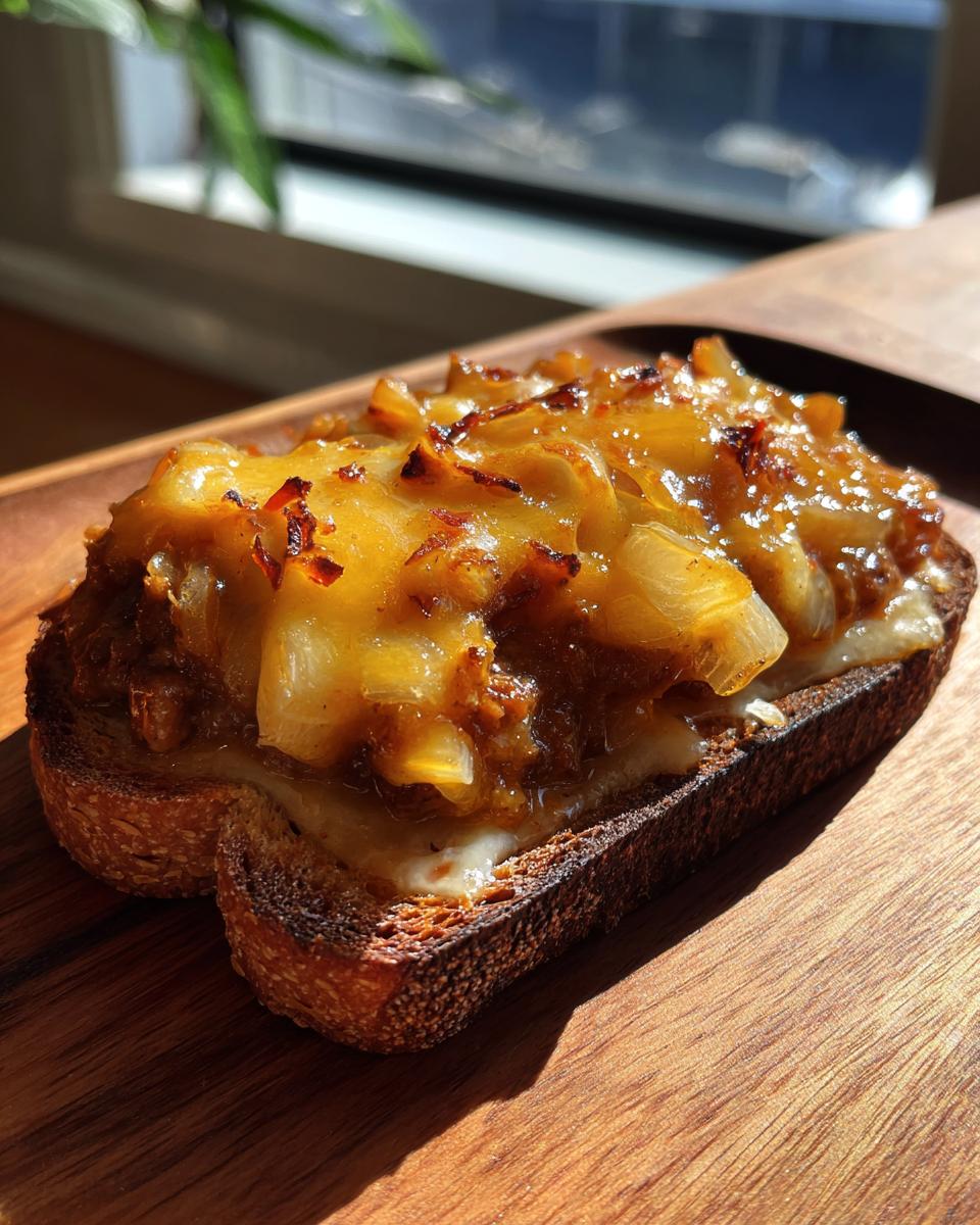 Close-up of a slice of toast topped with melted cheese and caramelized onions, representing a quick hanky panky recipe topping.