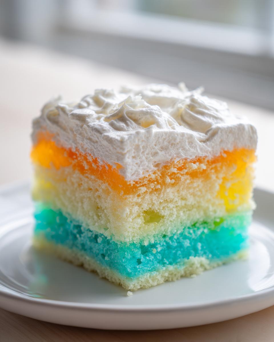 A square slice of colorful jello poke cake showing layers of white cake soaked with bright blue, yellow, and orange jello, topped with white whipped cream.
