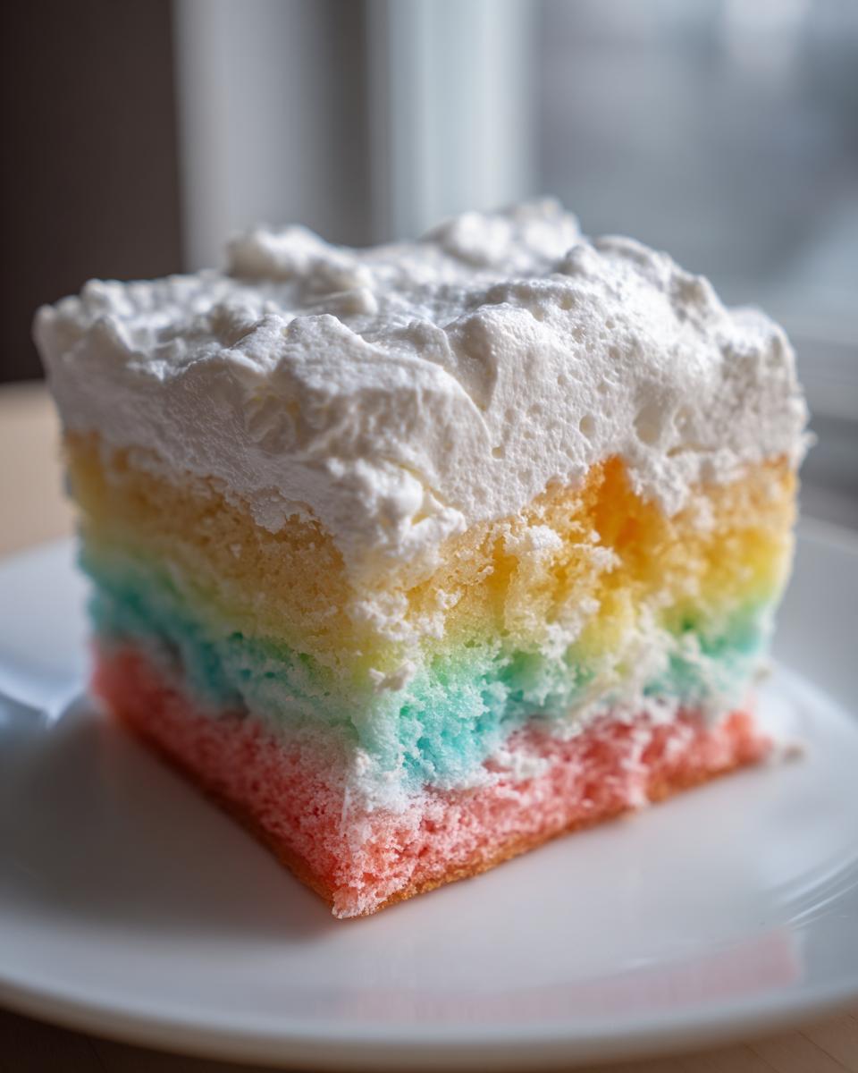 Close-up of a moist slice of rainbow jello poke cake topped with fluffy white whipped cream.