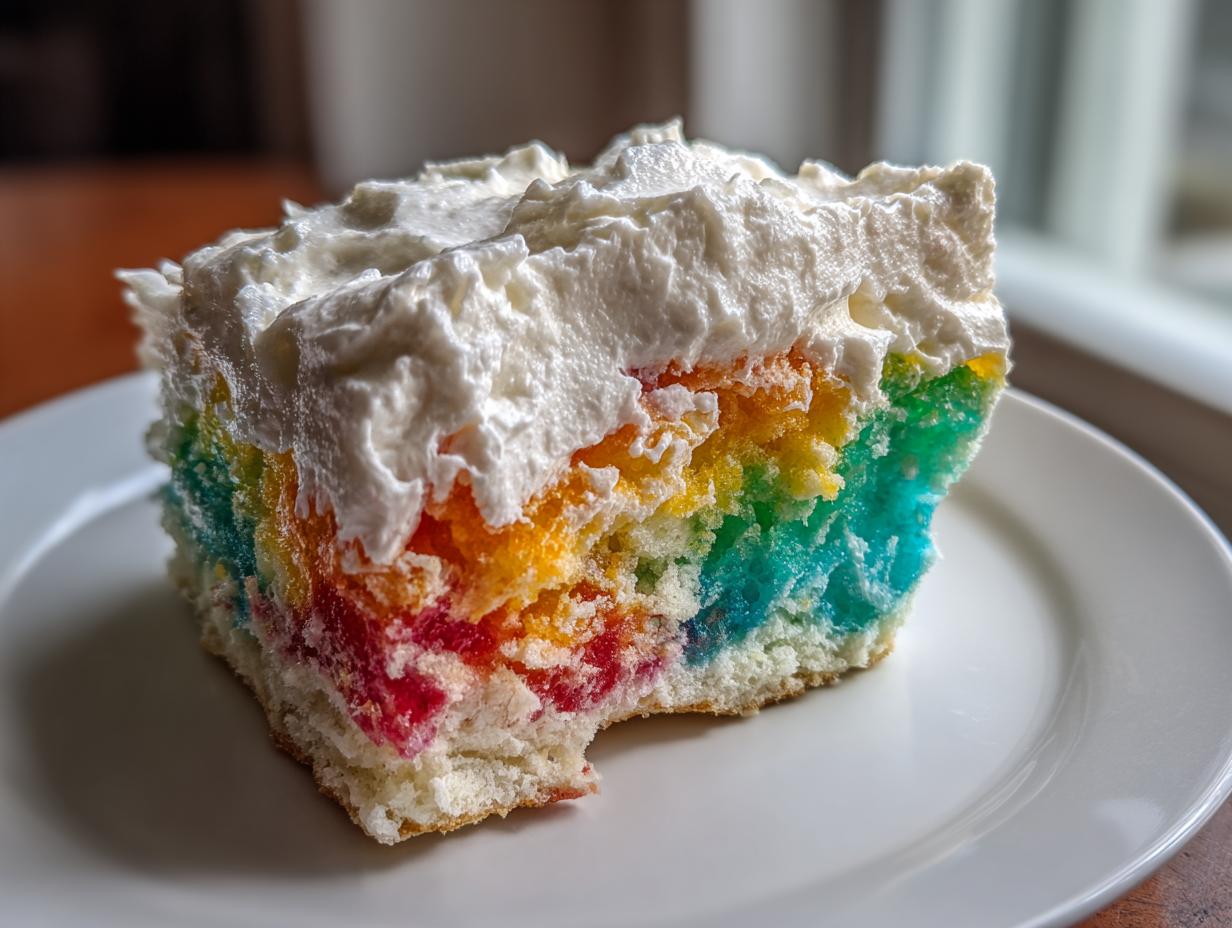 Close-up of a moist slice of rainbow jello poke cake topped with thick white whipped cream, served on a white plate.