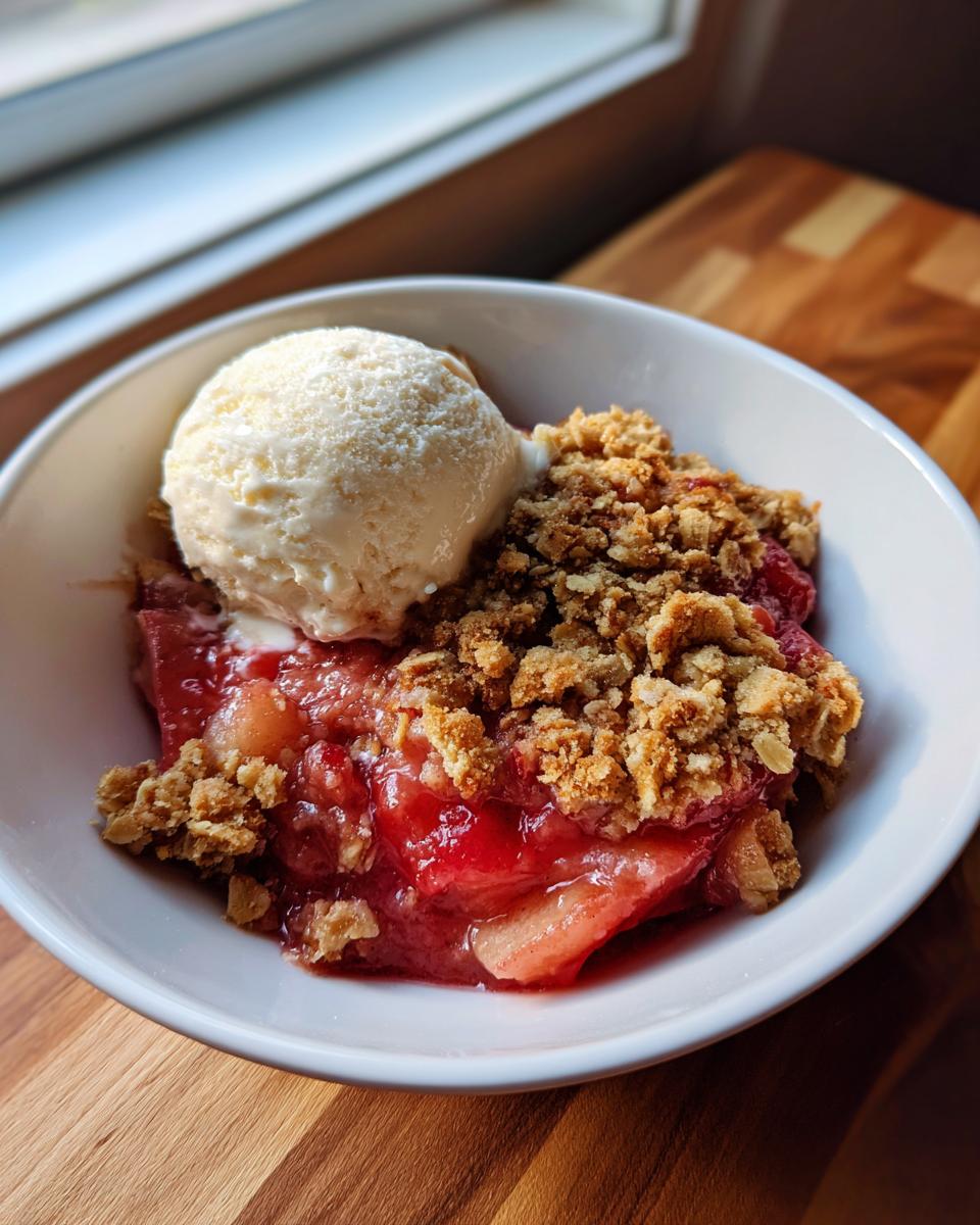 A close-up of a warm serving of rhubarb crisp topped with a scoop of vanilla ice cream in a white bowl.