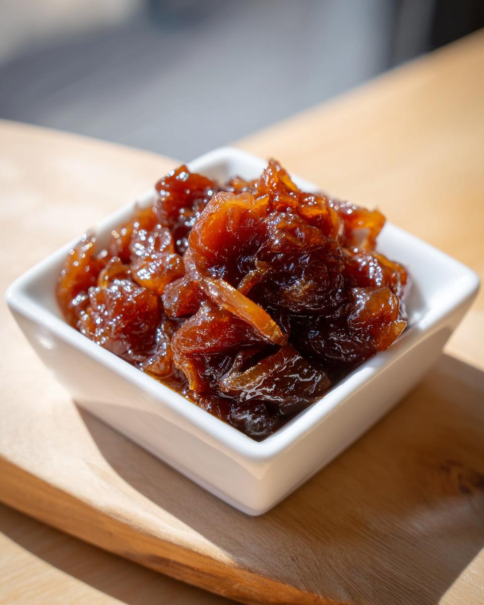 Close-up of deeply brown and glossy caramelized onions served in a small white square bowl.